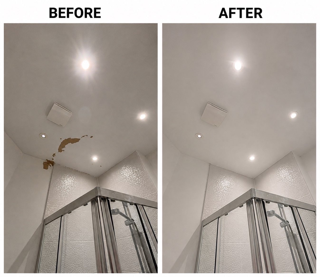 Water-damaged bathroom ceiling before and after repair and painting