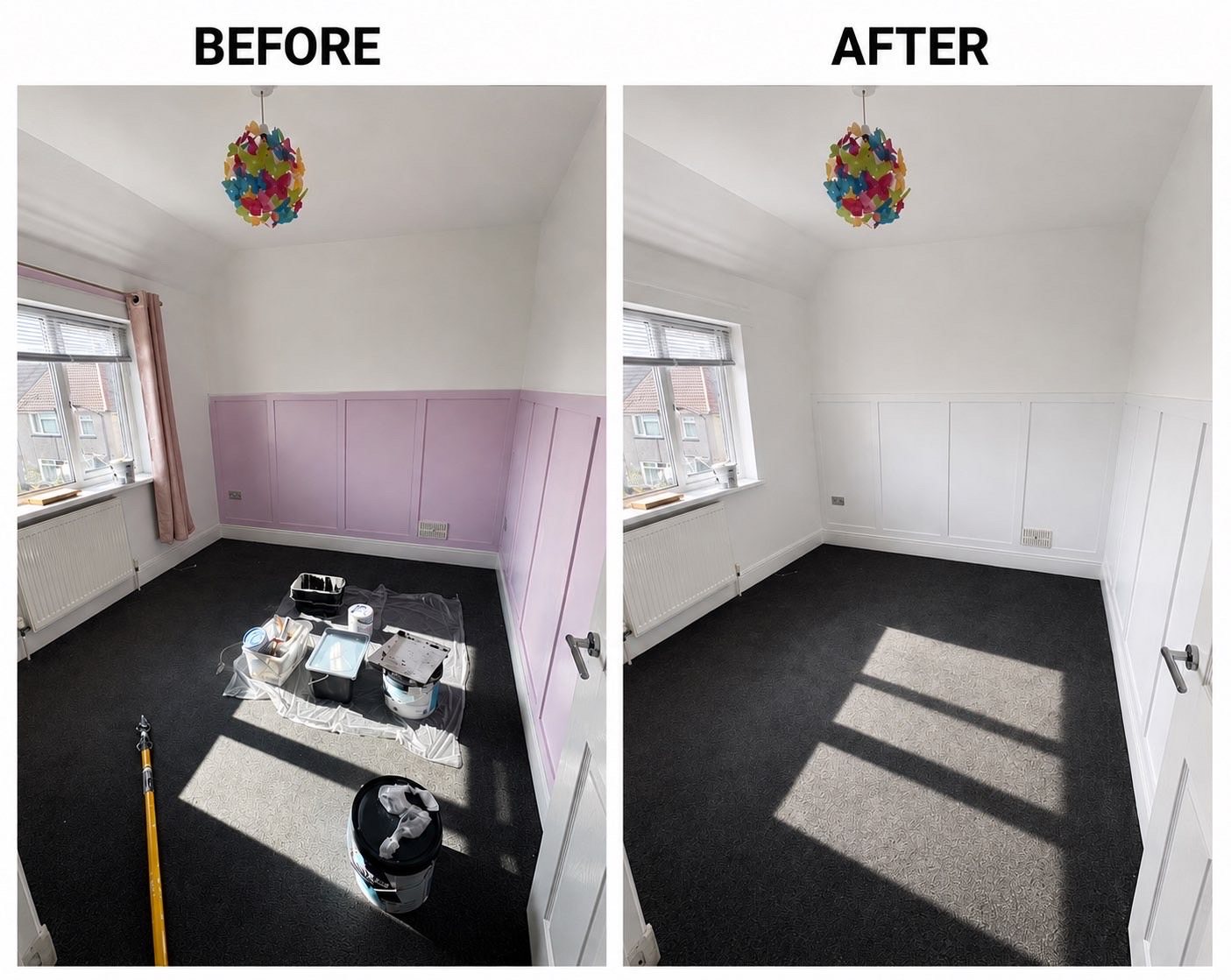 Bedroom panelling before in lilac and after in crisp white