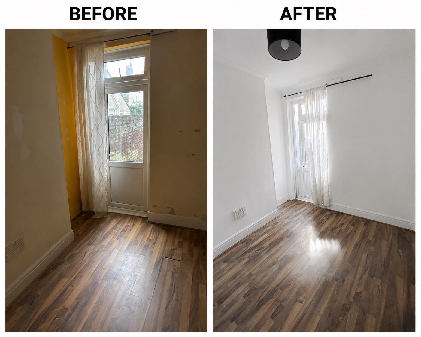 Bedroom with garden door before and after decorating in white