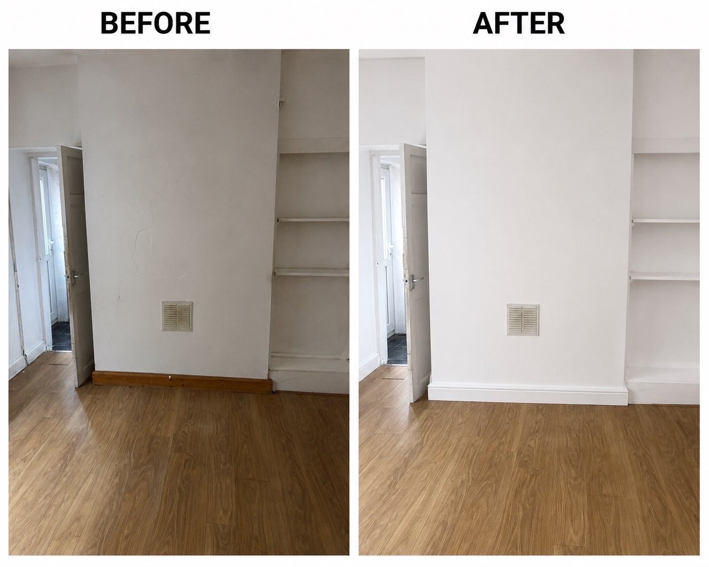Living room chimney breast and alcoves before and after decorating