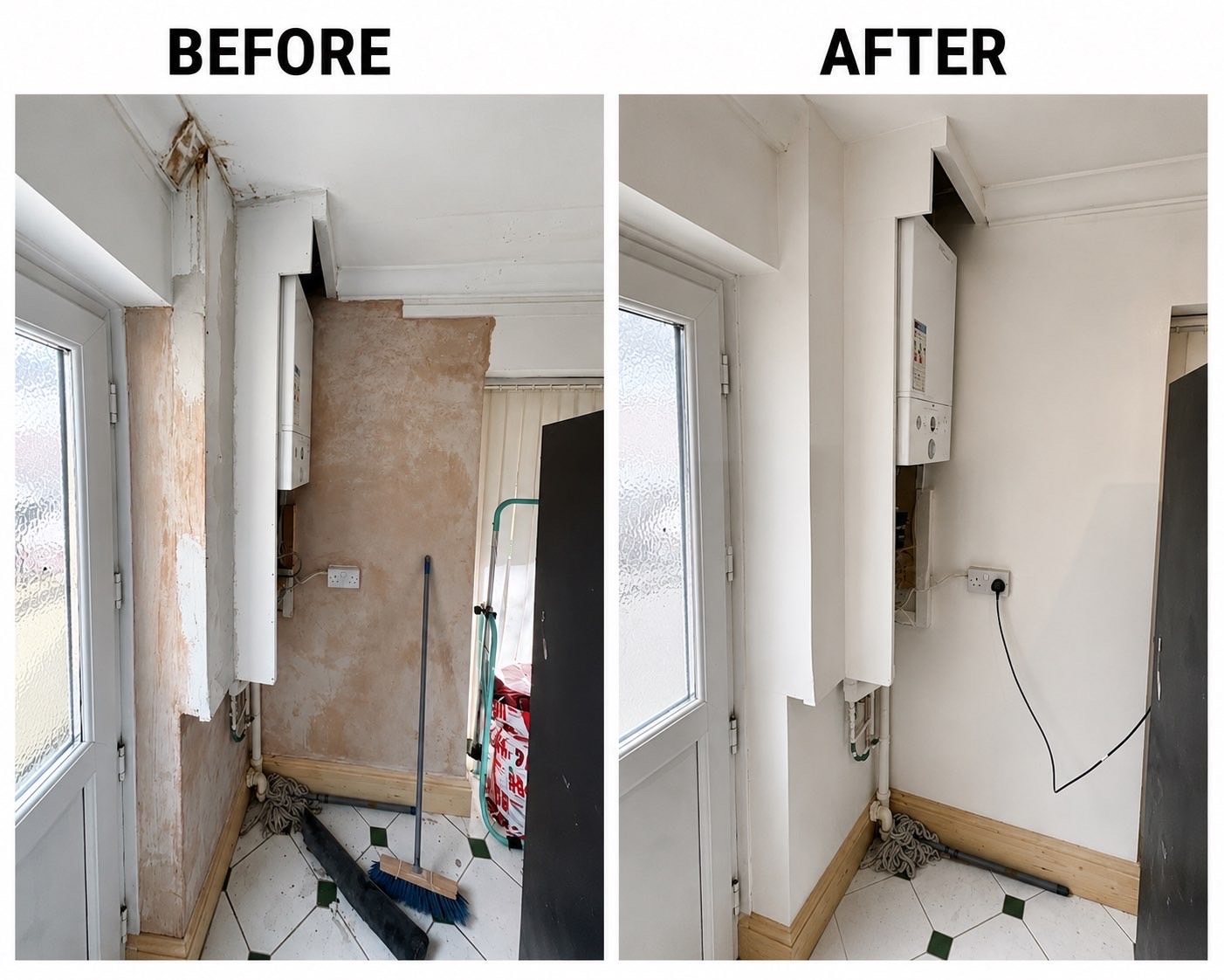 Utility boiler wall before and after re-plastering and painting