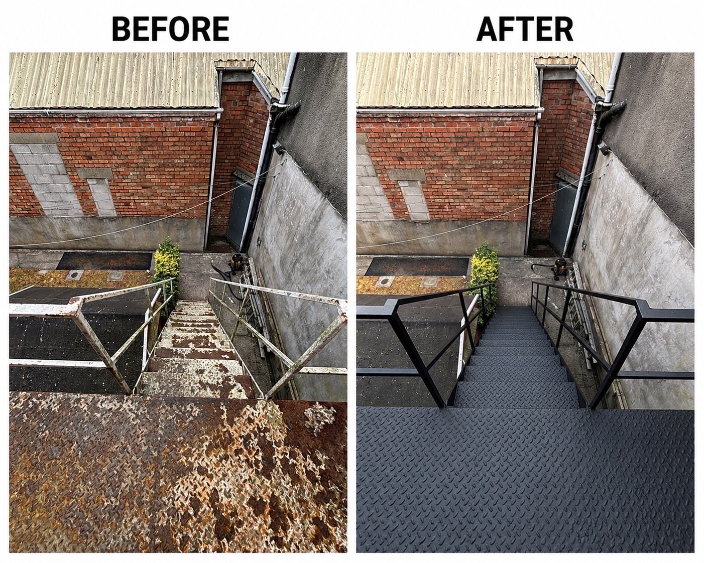 Rusty external fire-escape staircase before and after preparation and painting